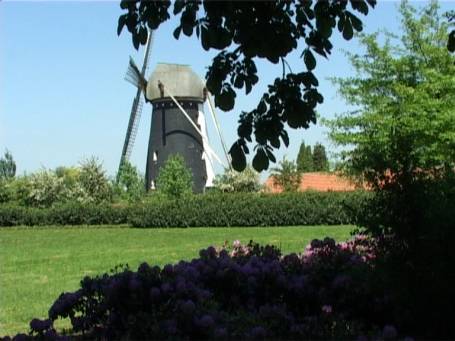 Gemeinde Berg en Dal NL : Der konisch steinerne Unterbau der Turmwindmühle ist halbseitig weiß und schwarz gestrichen